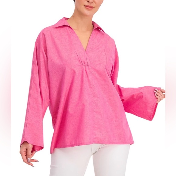 MISSLOOK Tops - Pink Popover Tunic Top Large Cotton Blend Bell Sleeve Split Neck Boho Resort